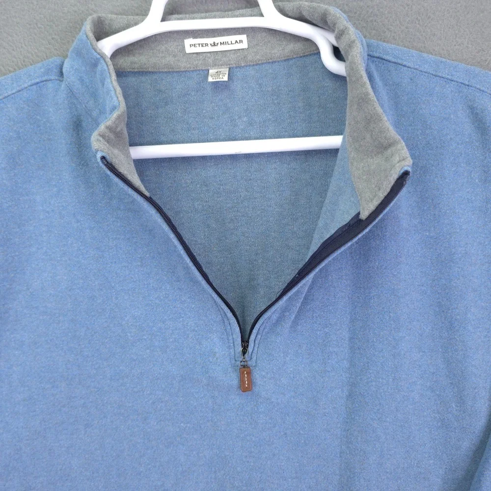 Peter Millar Quarter Zip Pullover Sweater Blue Herringbone 4X Cotton